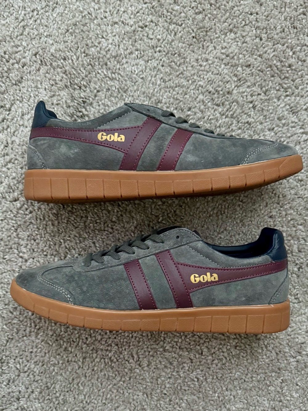 Gola Men's Grey Suede Sneakers with Burgundy Stripes and Gum Sole